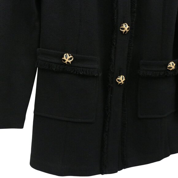 St. John Caviar Fringe Detail Black Santana Knit Jacket Gold Buttons 8 - Picture 3 of 6